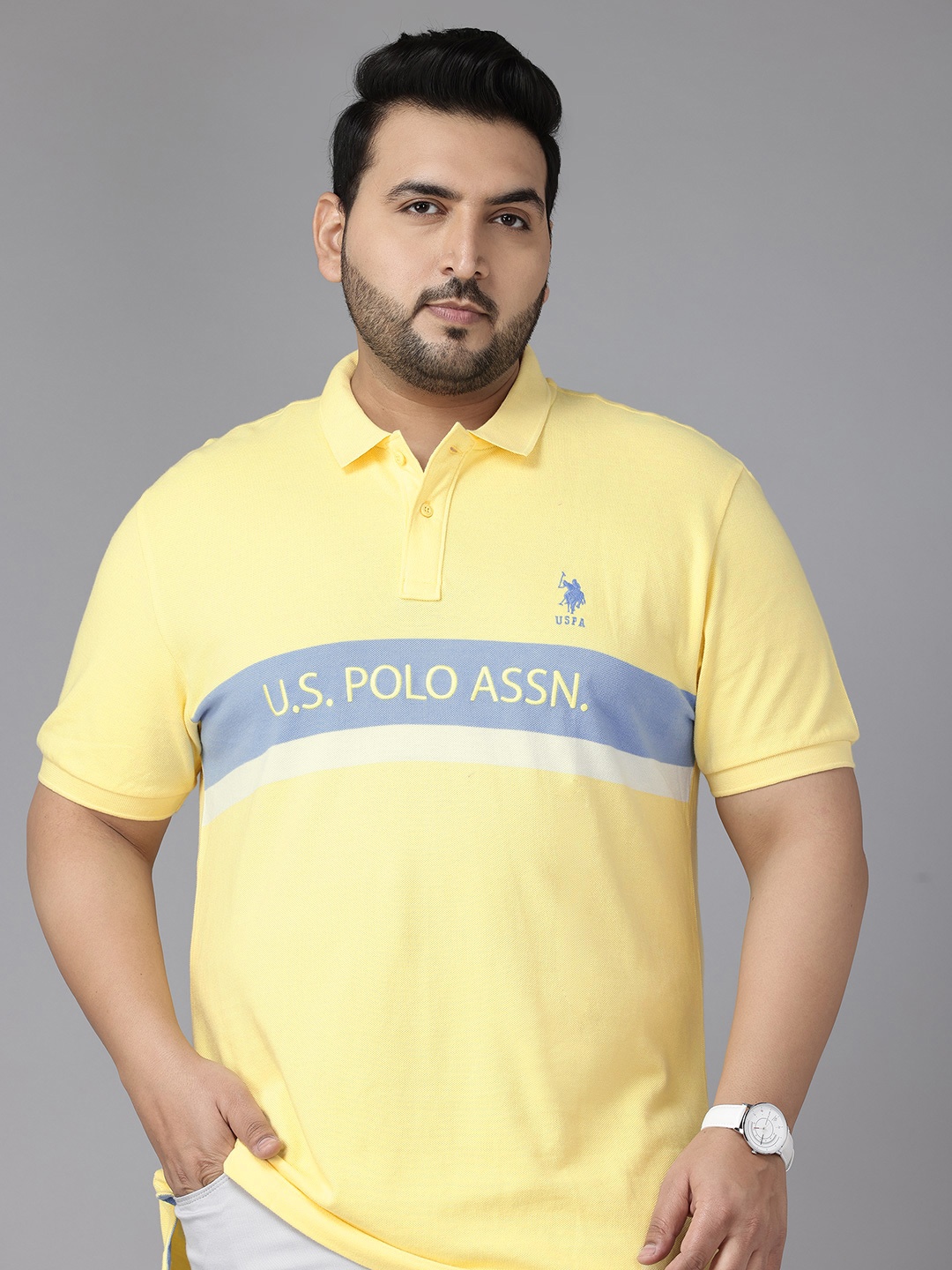 

U.S. Polo Assn. Plus Size Striped Polo Collar Pure Cotton T-shirt, Yellow