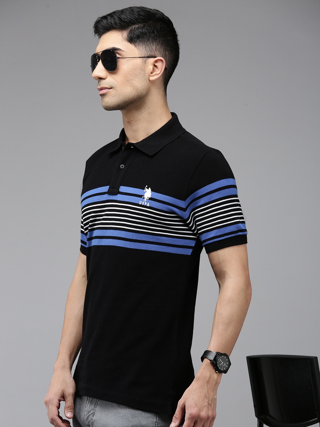 

U.S. Polo Assn. Striped Slim Fit Pure Cotton Polo Collar T-shirt, Black