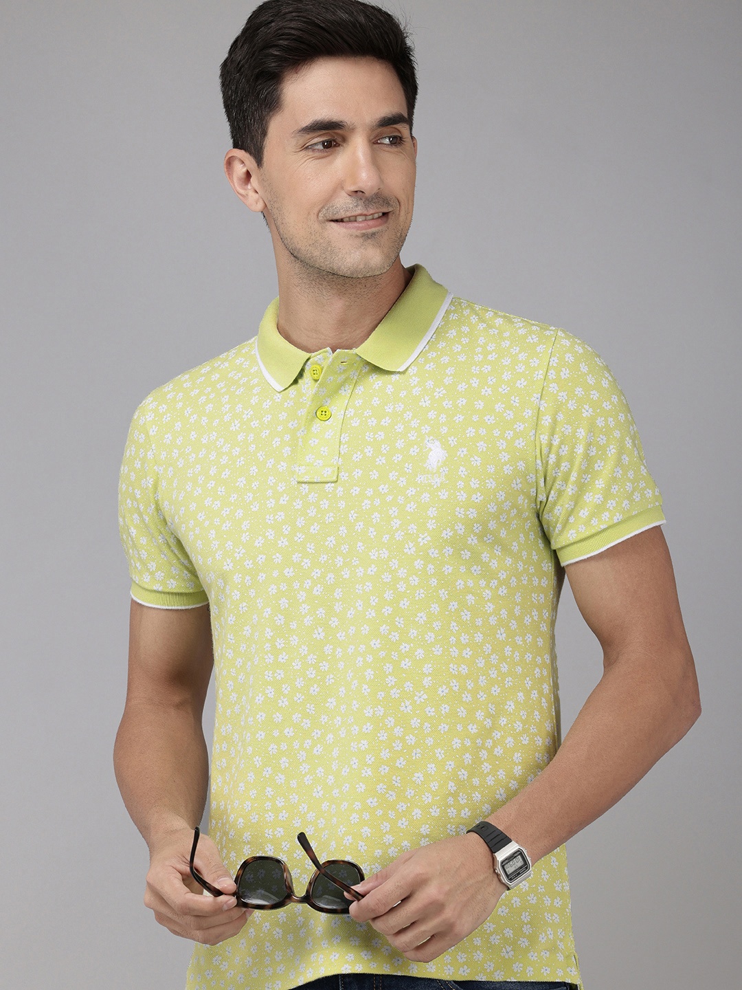 

U.S. Polo Assn. Floral Printed Polo Collar Pure Cotton Slim Fit T-shirt, Green