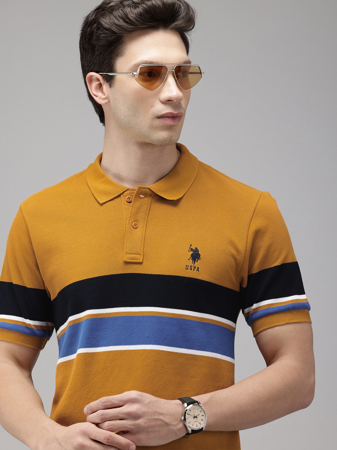 

U.S. Polo Assn. Striped Polo Collar Pure Cotton Slim Fit T-shirt, Mustard
