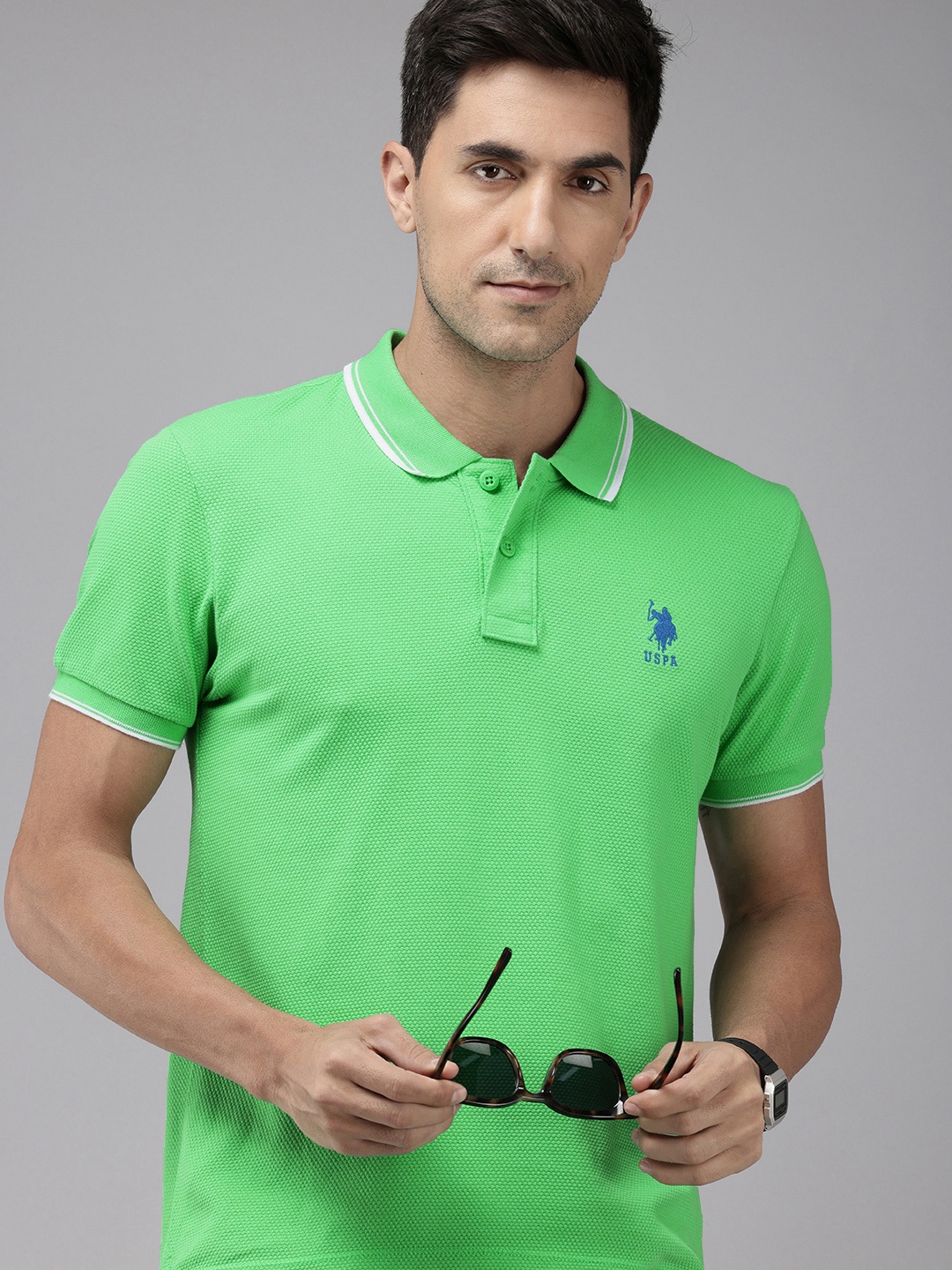

U.S. Polo Assn. Self Design Polo Collar Pure Cotton Slim Fit T-shirt, Green