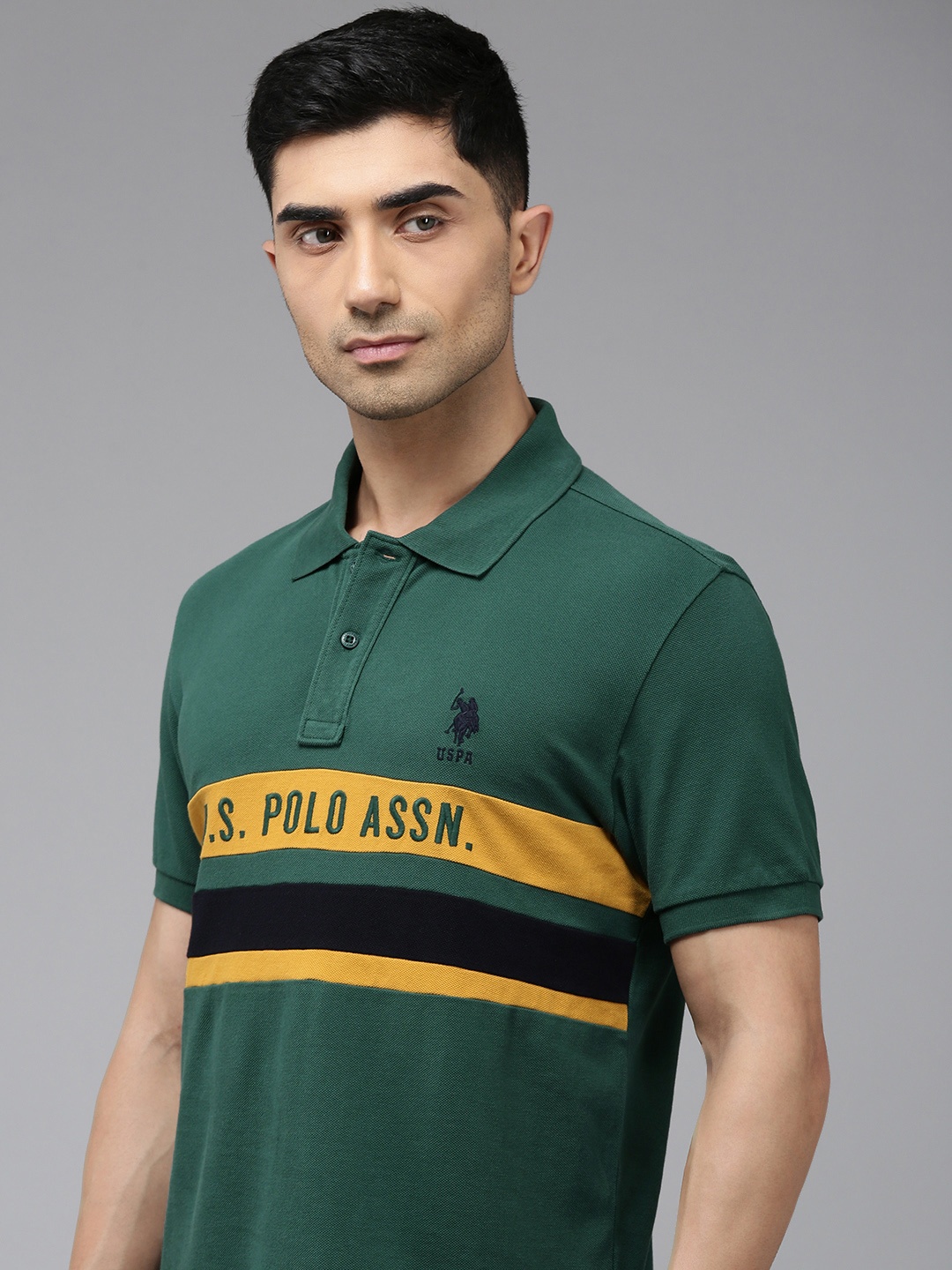 

U.S. Polo Assn. Striped Slim Fit Pure Cotton Polo Collar T-shirt, Green