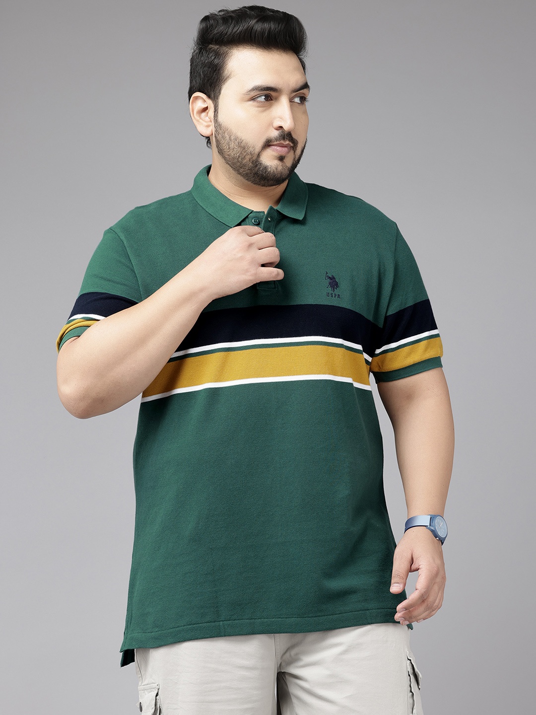 

U.S. Polo Assn. Plus Size Pure Cotton Striped Polo Collar Slim Fit T-shirt, Green