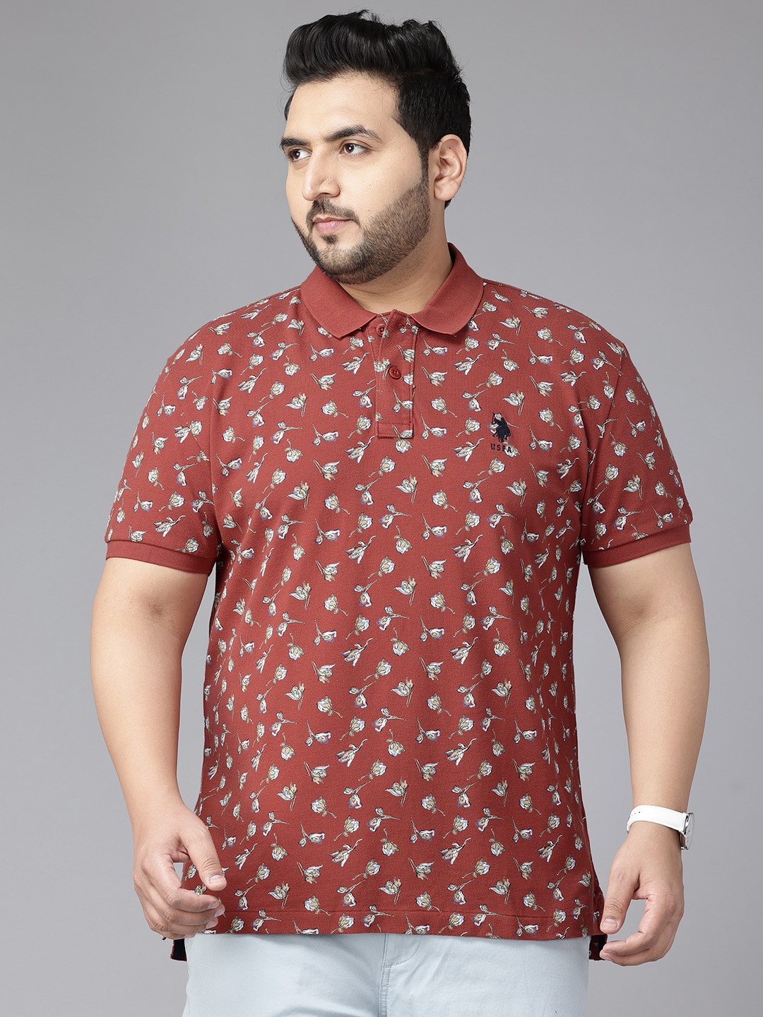 

U.S. Polo Assn. Plus Size Floral Printed Polo Collar Pure Cotton T-shirt, Rust