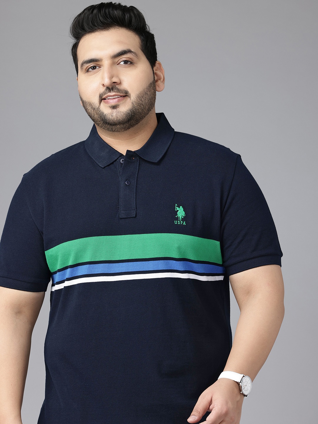 

U.S. Polo Assn. Plus Size Striped Pure Cotton Polo Collar T-shirt, Navy blue