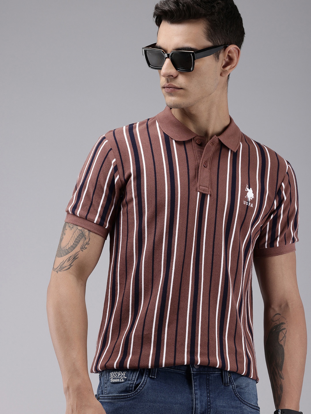 

U.S. Polo Assn. Pure Cotton Striped Polo Collar Slim Fit T-shirt, Brown