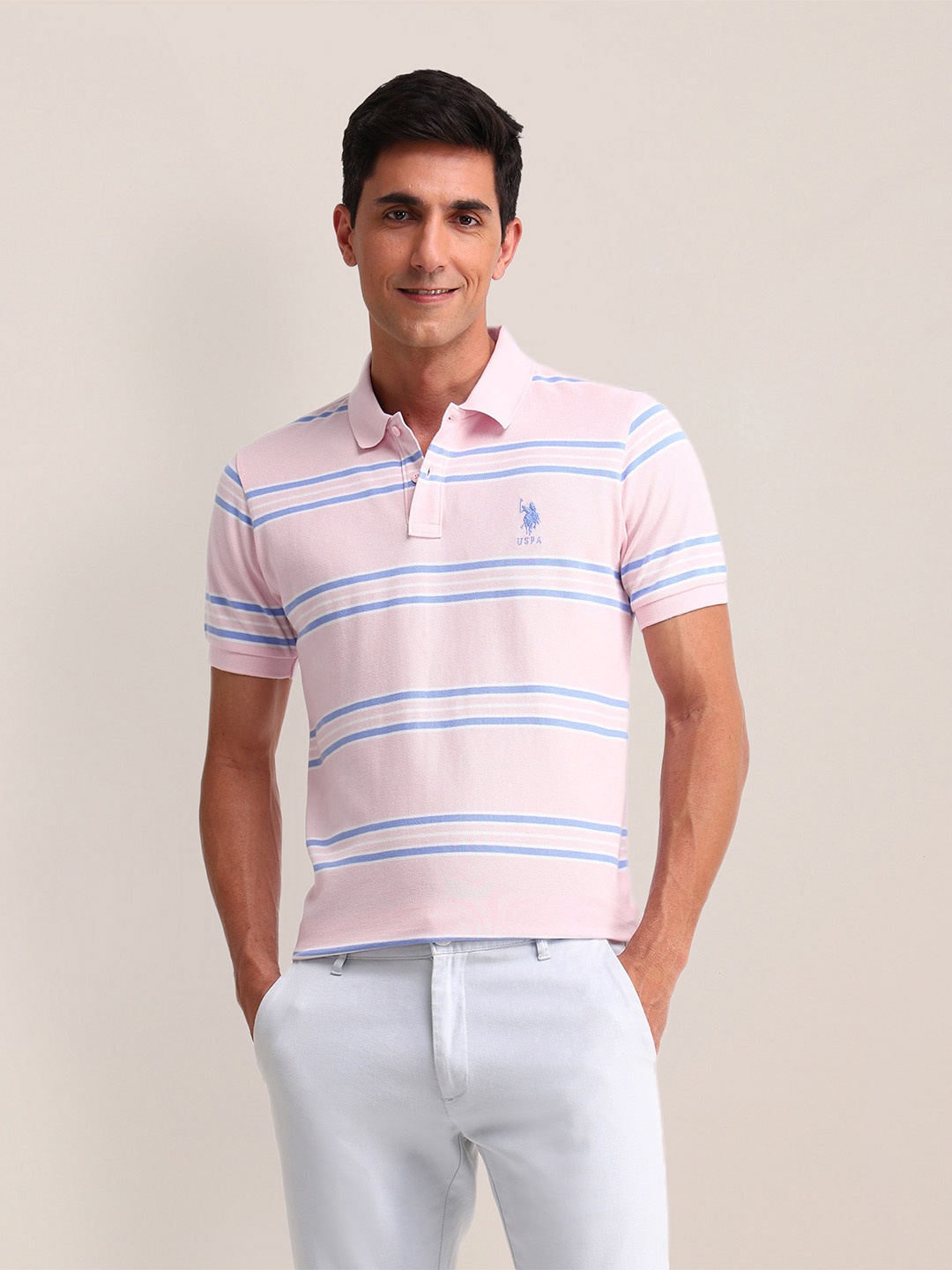 

U.S. Polo Assn. Striped Polo Collar Pure Cotton Slim Fit T-shirt, Pink