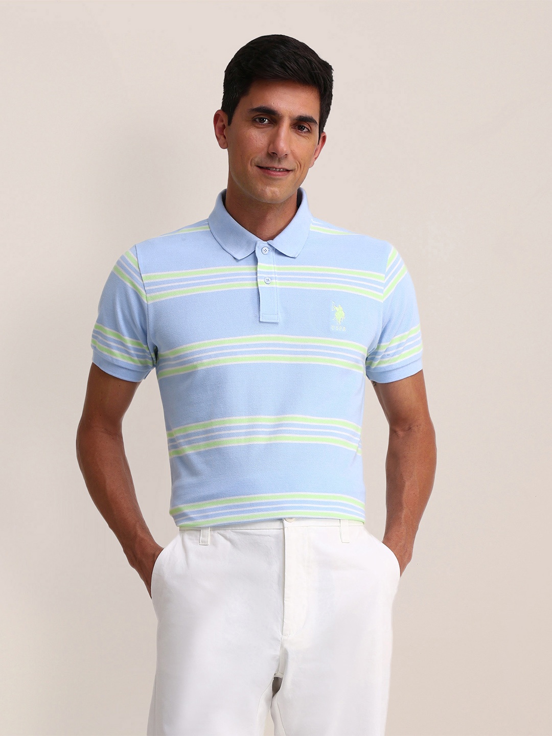 

U.S. Polo Assn. Striped Polo Collar Pure Cotton Slim Fit T-shirt, Blue