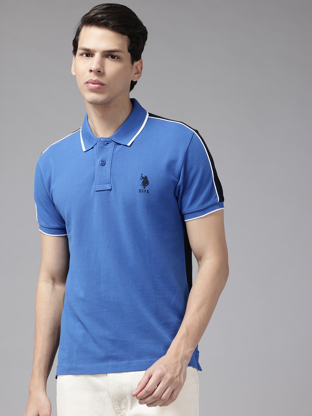 

U.S. Polo Assn. Colourblocked Polo Collar Pure Cotton T-shirt, Blue