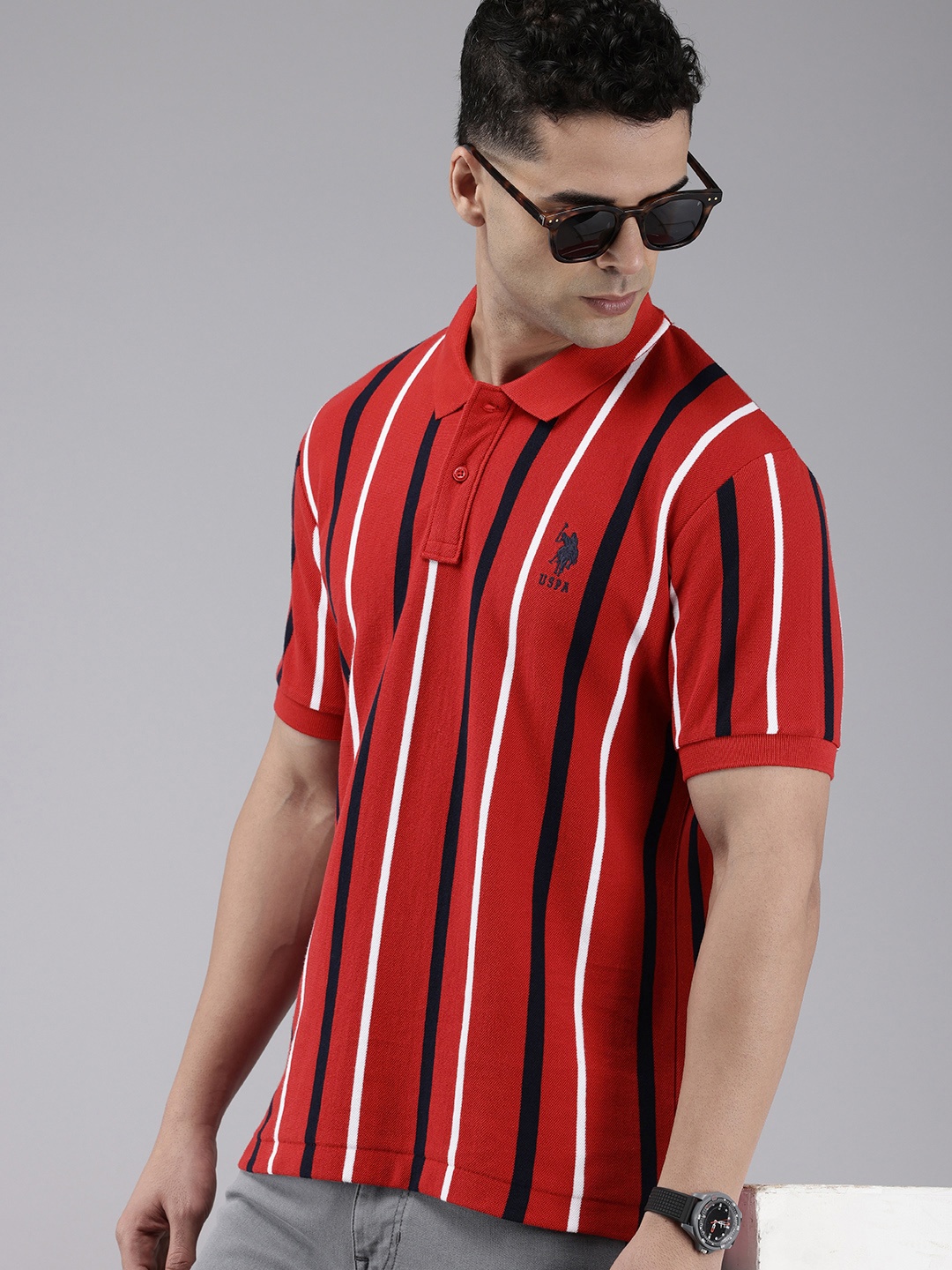 

U.S. Polo Assn. Pure Cotton Striped Polo Collar Slim Fit T-shirt, Red