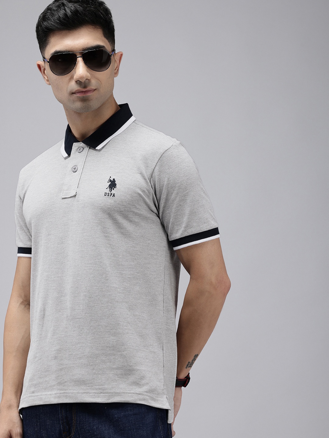 

U.S. Polo Assn. Pure Cotton Polo Collar Slim Fit T-shirt, Grey melange