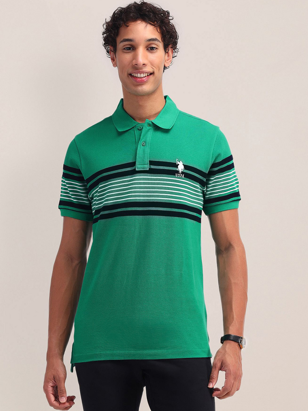 

U.S. Polo Assn. Striped Polo Collar Pure Cotton Slim Fit T-shirt, Green