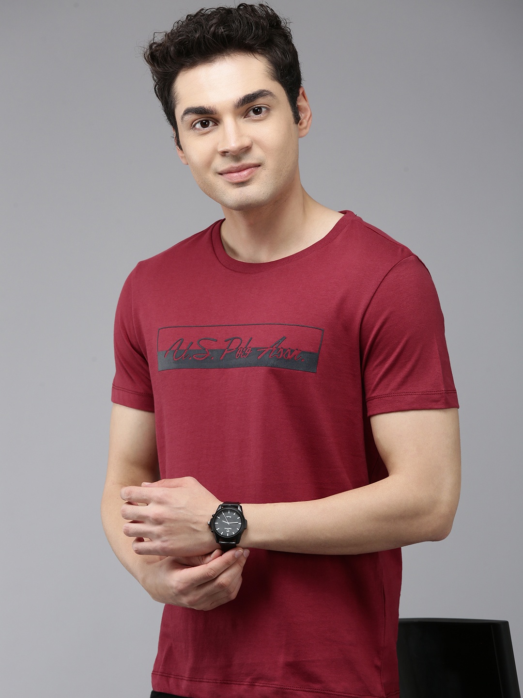 

U.S. Polo Assn. Brand Logo Printed Pure Cotton Slim Fit T-shirt, Maroon