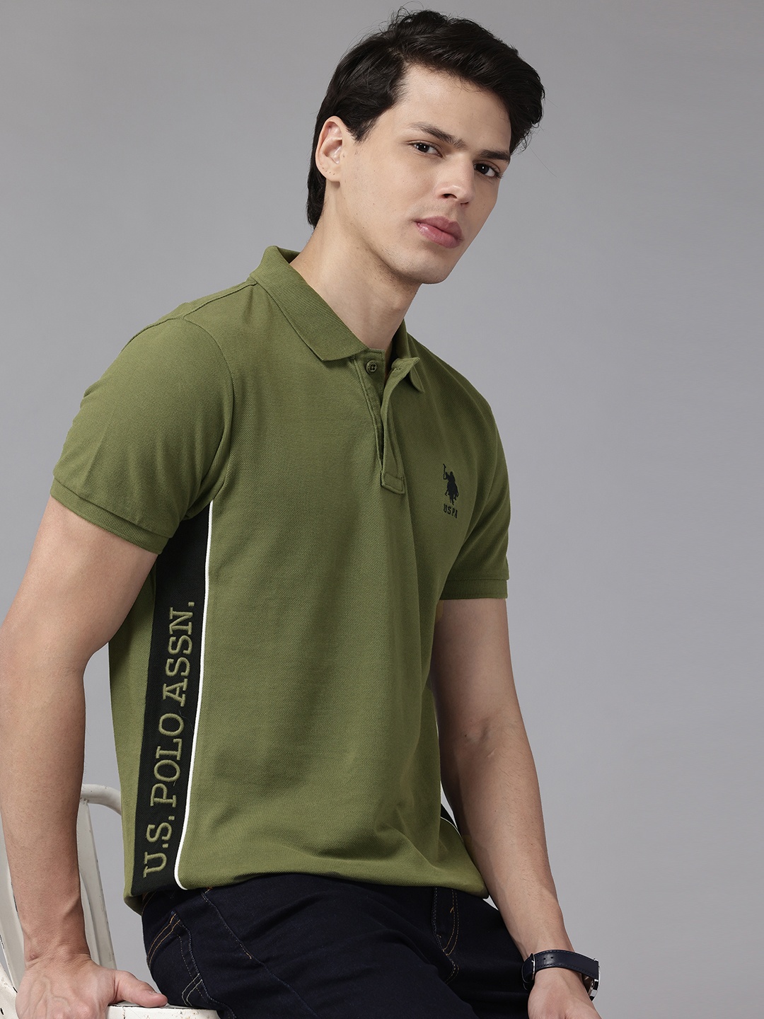 

U.S. Polo Assn. Brand Logo Print Polo Collar Pure Cotton T-shirt, Olive