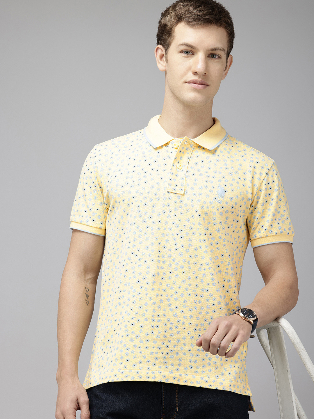 

U.S. Polo Assn. Floral Printed Polo Collar Pure Cotton Slim Fit T-shirt, Yellow