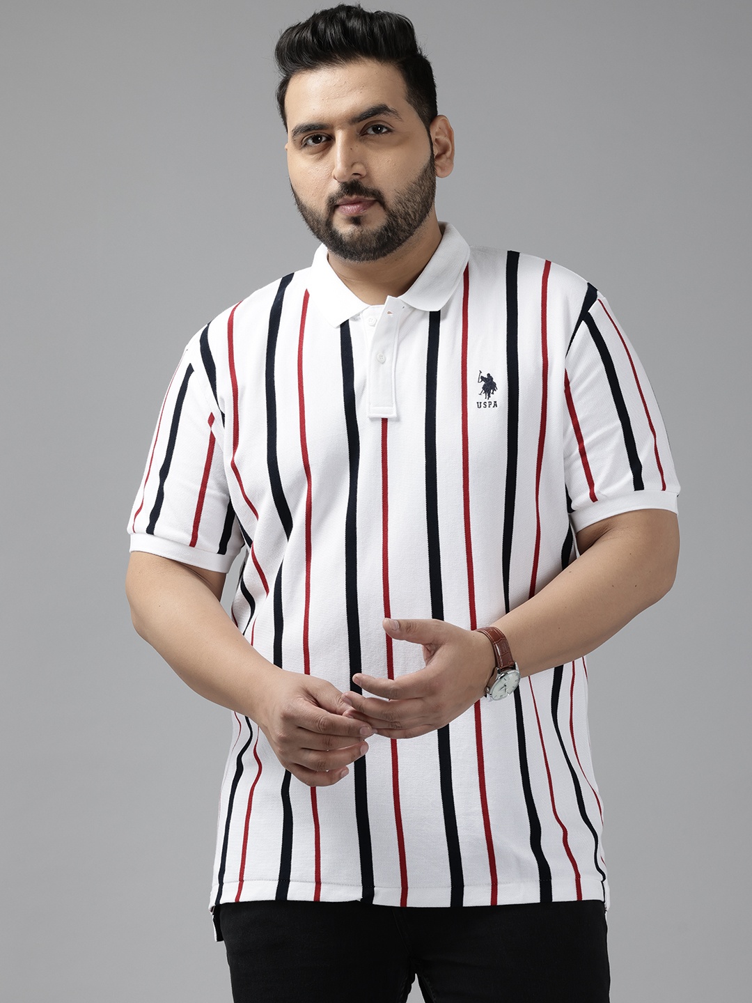 

U.S. Polo Assn. Plus Size Striped Pure Cotton Slim Fit T-shirt, White