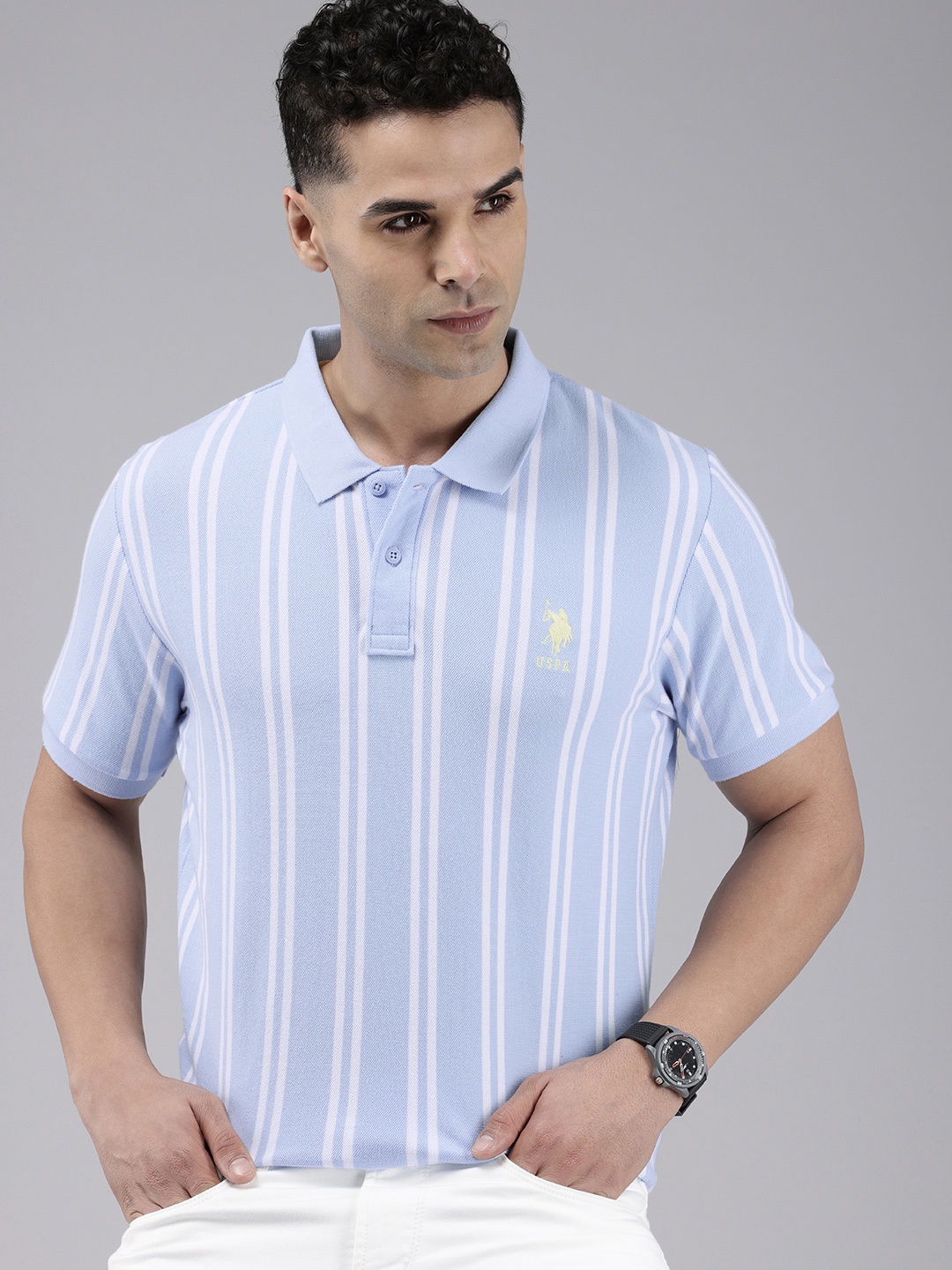 

U.S. Polo Assn. Striped Polo Collar Pure Cotton Slim Fit T-shirt, Blue