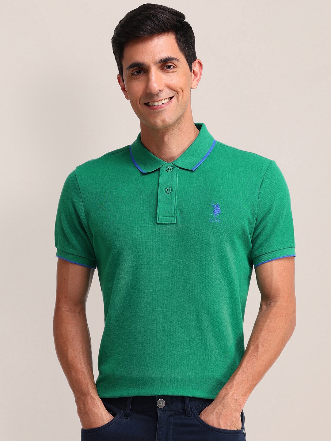 

U.S. Polo Assn. Polo Collar Waffle Weave Pure Cotton Slim Fit T-shirt, Green