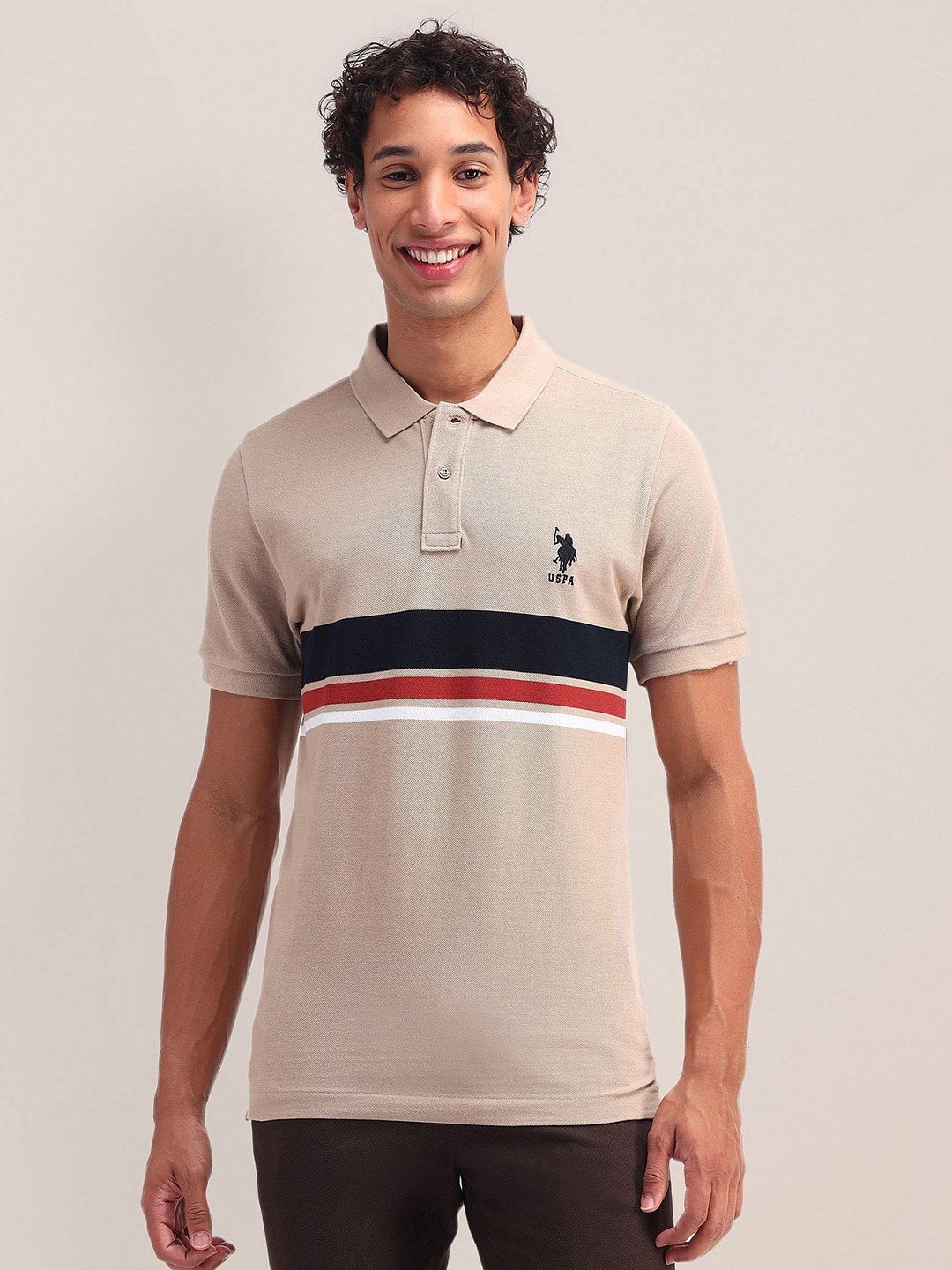 

U.S. Polo Assn. Striped Polo Collar Pure Cotton Slim Fit T-shirt, Beige