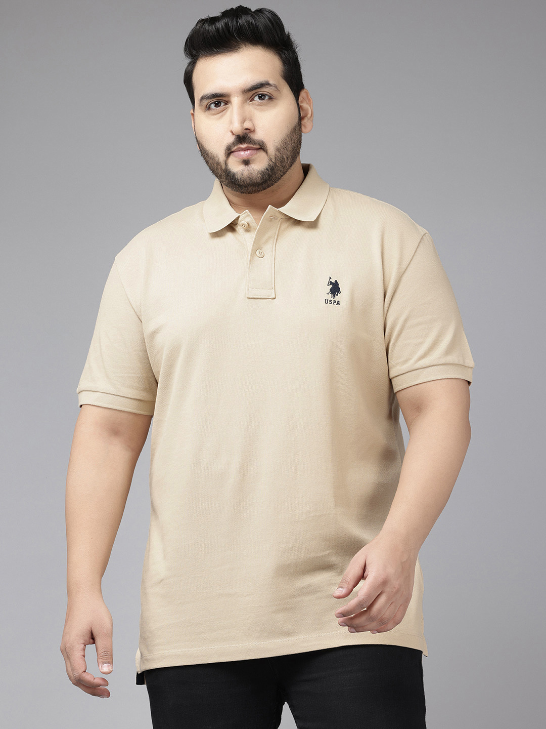 

U.S. Polo Assn. Plus Size Polo Collar Slim Fit Pure CottonT-shirt, Beige
