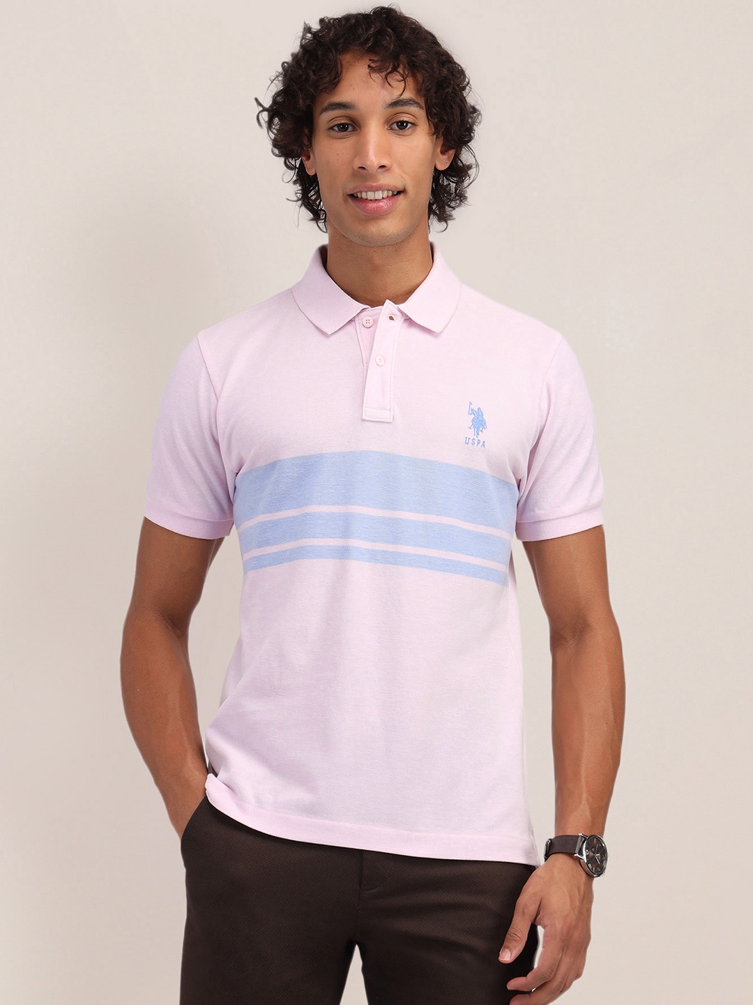 

U.S. Polo Assn. Striped Polo Collar Pure Cotton Slim Fit T-shirt, Pink