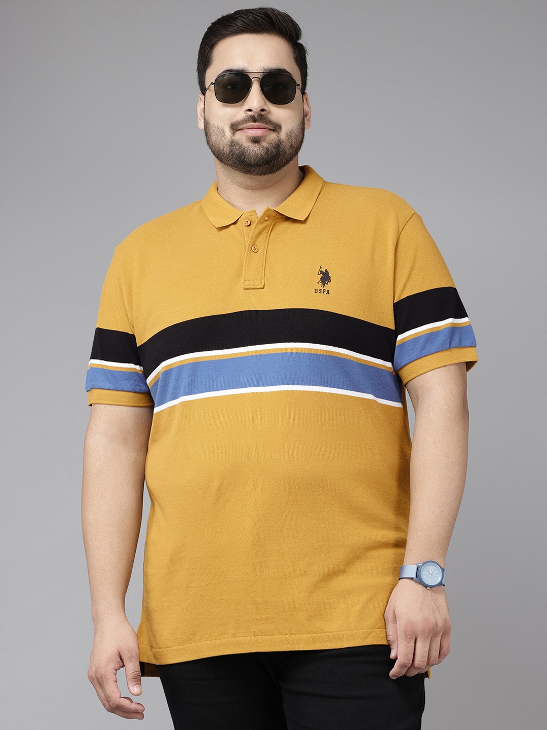 

U.S. Polo Assn. Striped Polo Collar Pure Cotton T-shirt, Mustard