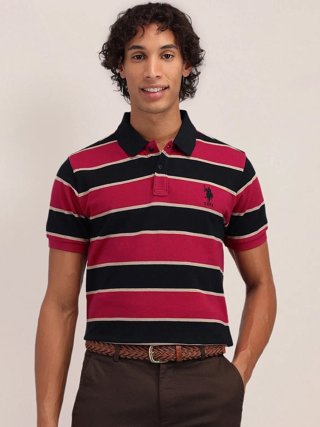 

U.S. Polo Assn. Striped Polo Collar Pure Cotton Slim Fit T-shirt, Pink