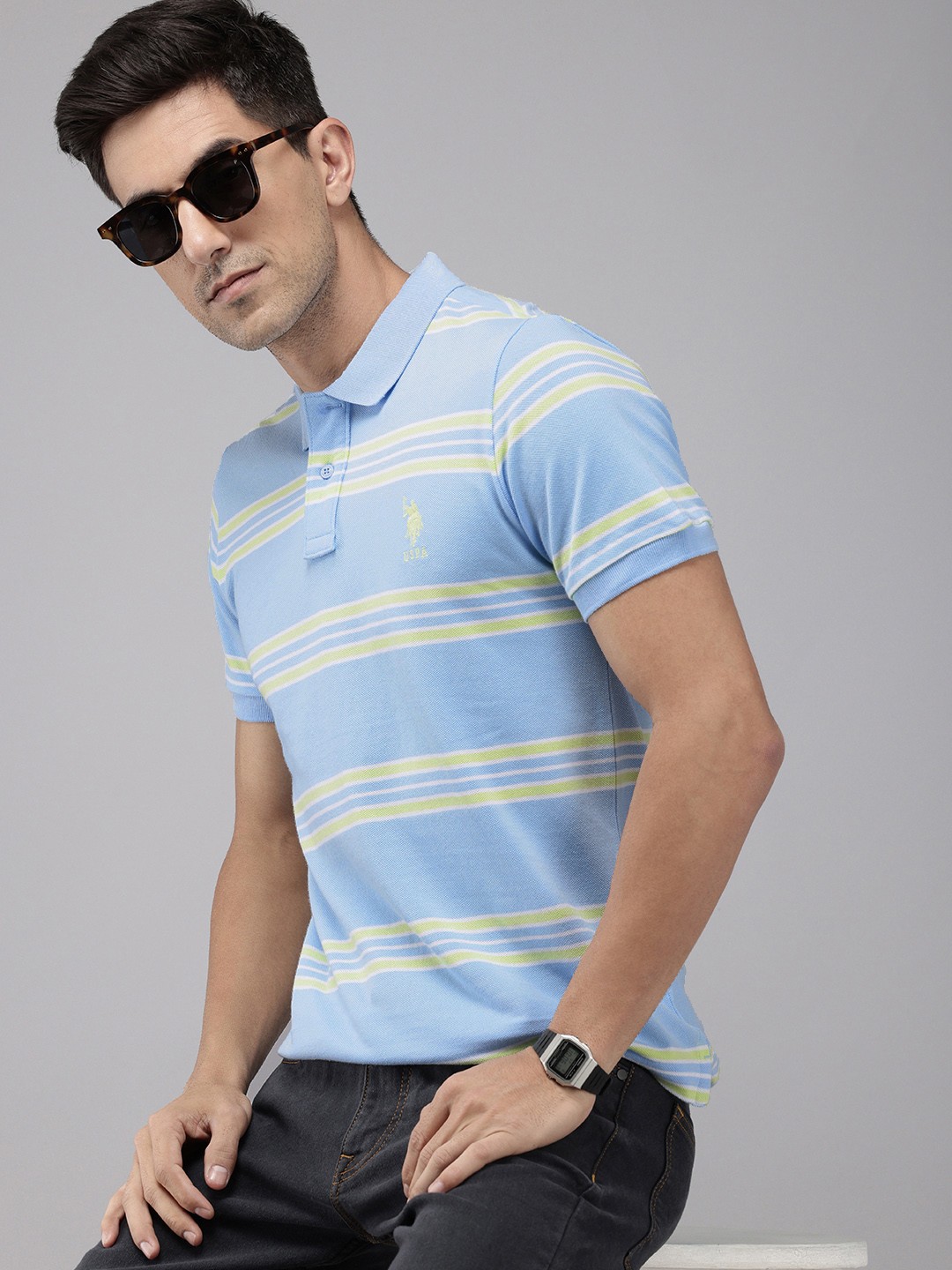 

U.S. Polo Assn. Striped Polo Collar Pure Cotton Slim Fit T-shirt, Blue