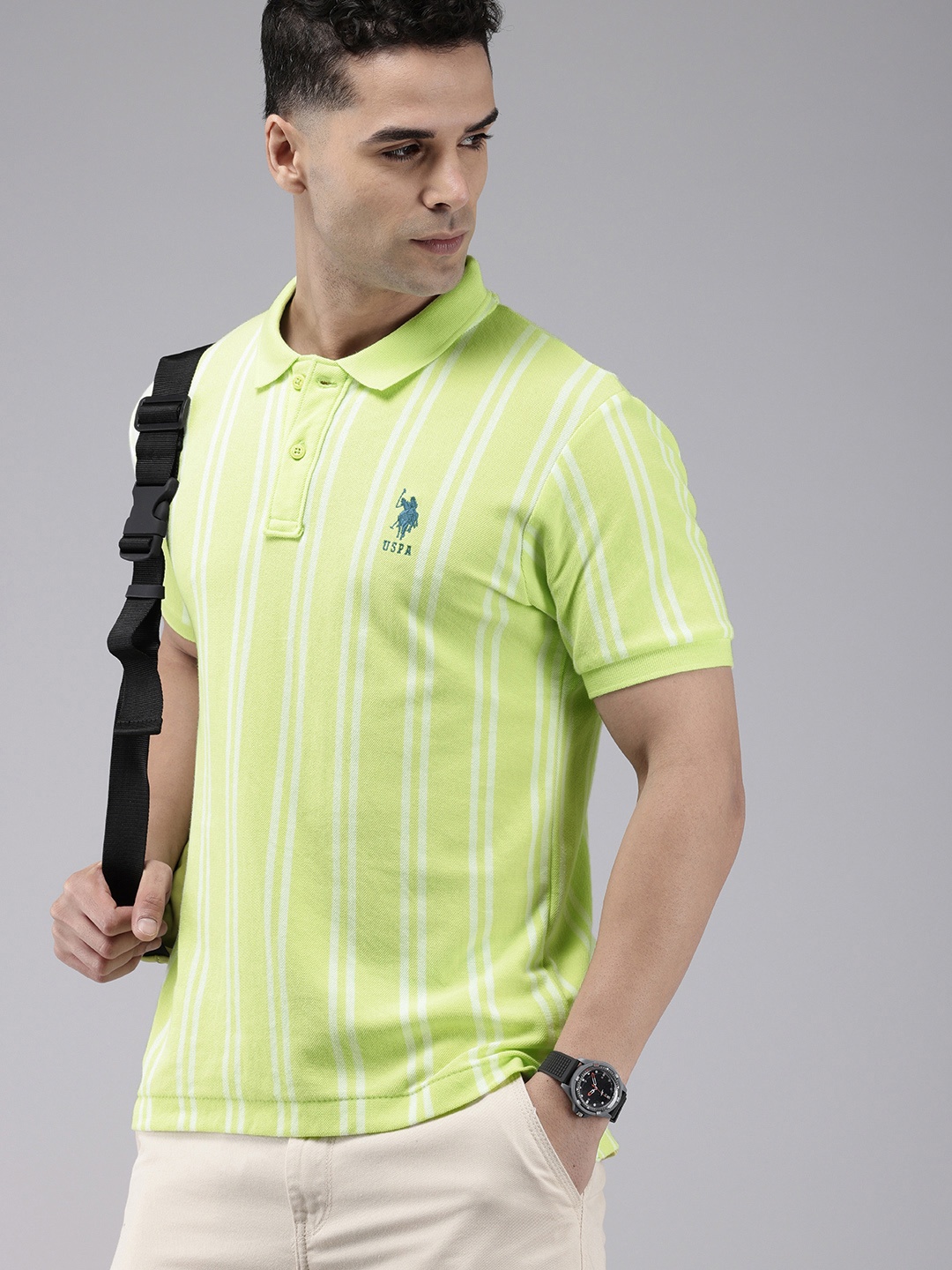 

U.S. Polo Assn. Pure Cotton Striped Polo Collar Slim Fit T-shirt, Green
