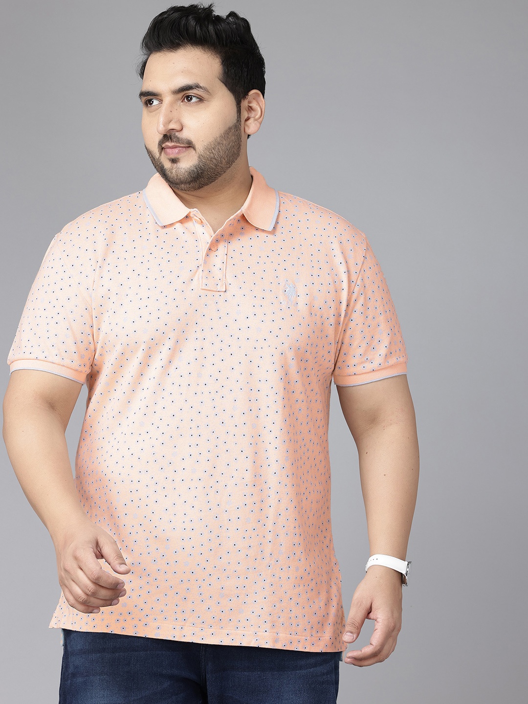 

U.S. Polo Assn. Plus Size Floral Printed Polo Collar Pure Cotton T-shirt, Peach