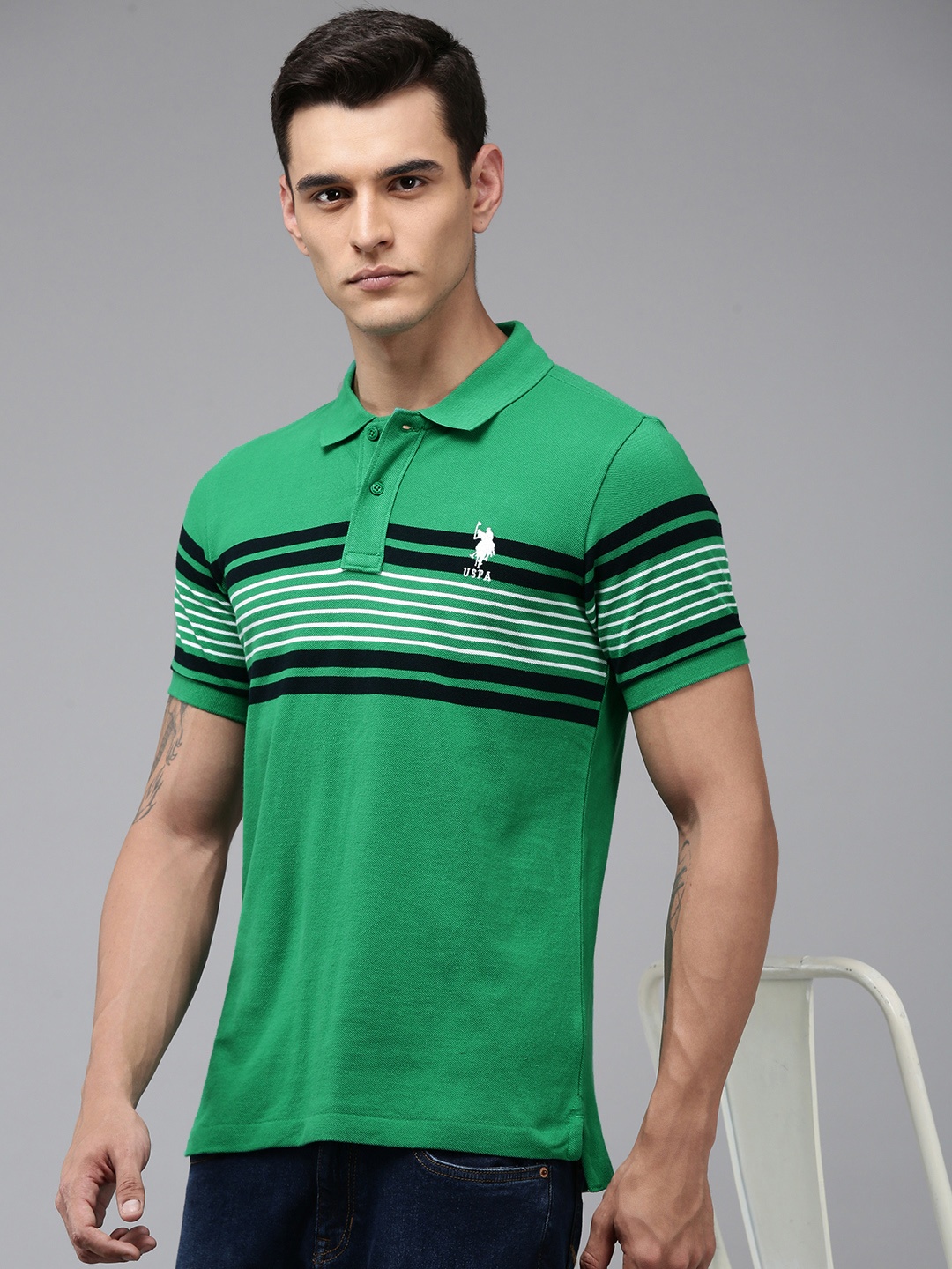 

U.S. Polo Assn. Striped Slim Fit Pure Cotton Polo Collar T-shirt, Green