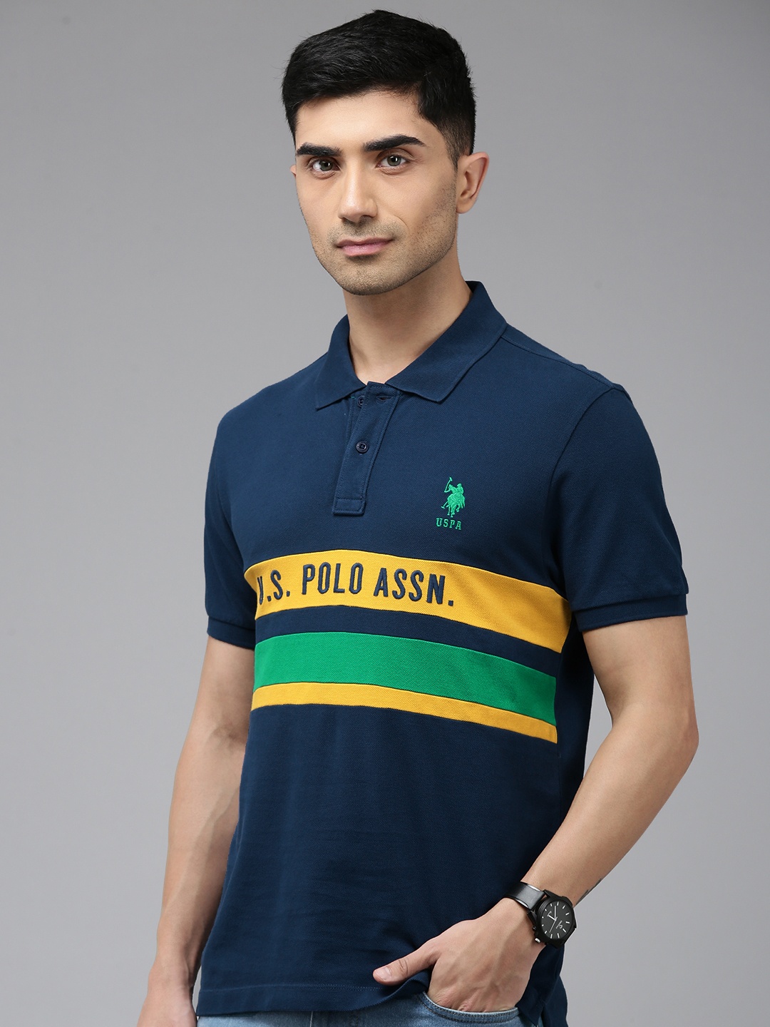 

U.S. Polo Assn. Striped Slim Fit Pure Cotton Polo Collar T-shirt, Navy blue
