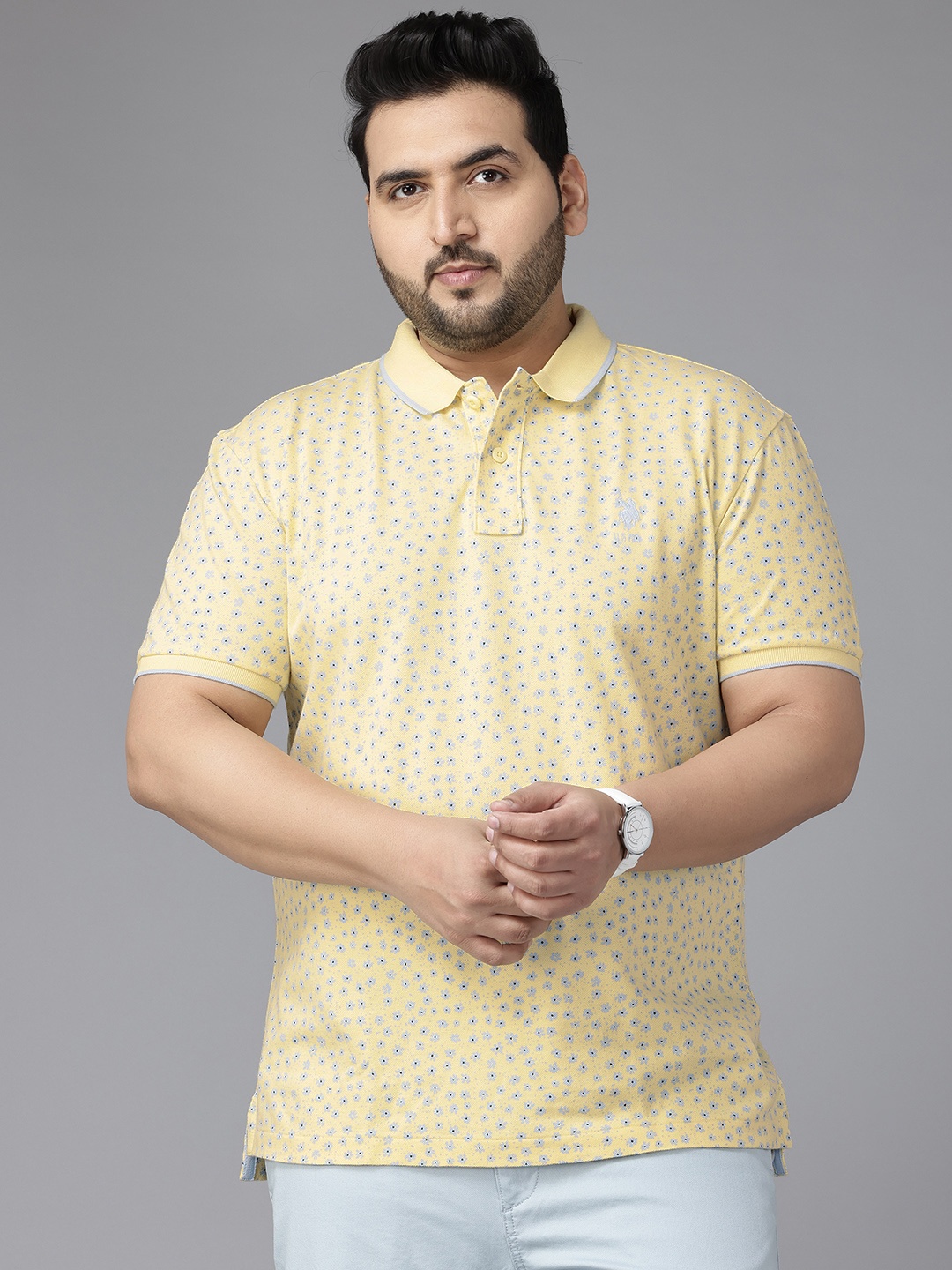 

U.S. Polo Assn. Plus Size Floral Printed Polo Collar Pure Cotton T-shirt, Yellow