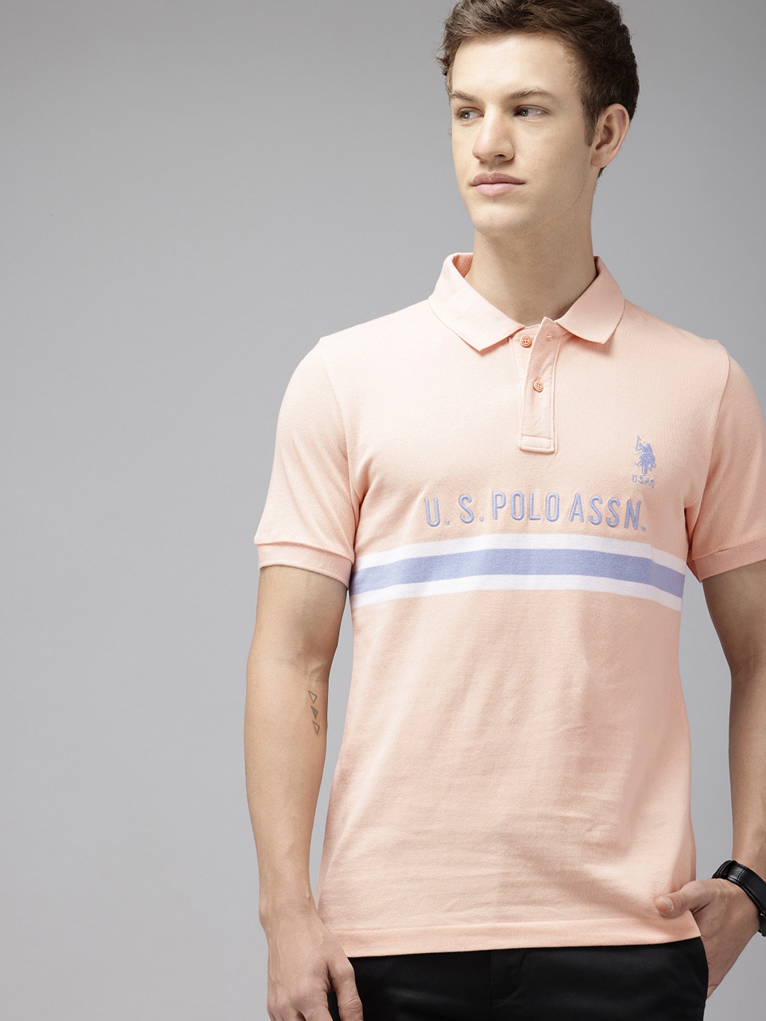 

U.S. Polo Assn. Striped Polo Collar Embroidered Detail Pure Cotton Slim Fit T-shirt, Peach