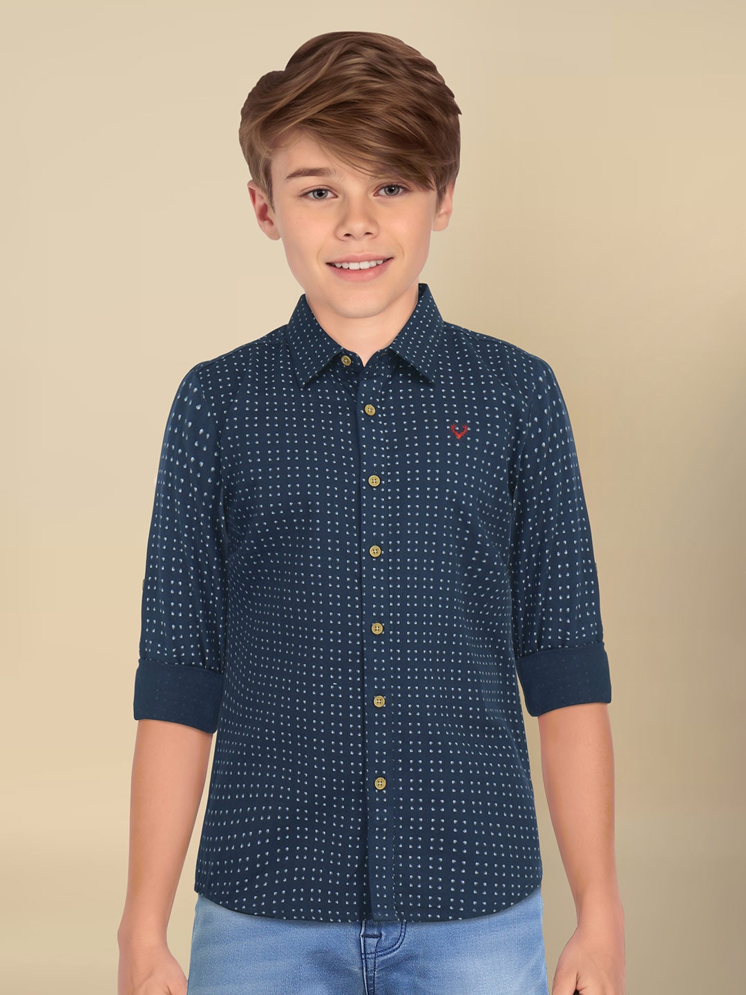 

Allen Solly Junior Boys Spread Collar Micro Ditsy Printed Cotton Slim Fit Casual Shirt, Navy blue