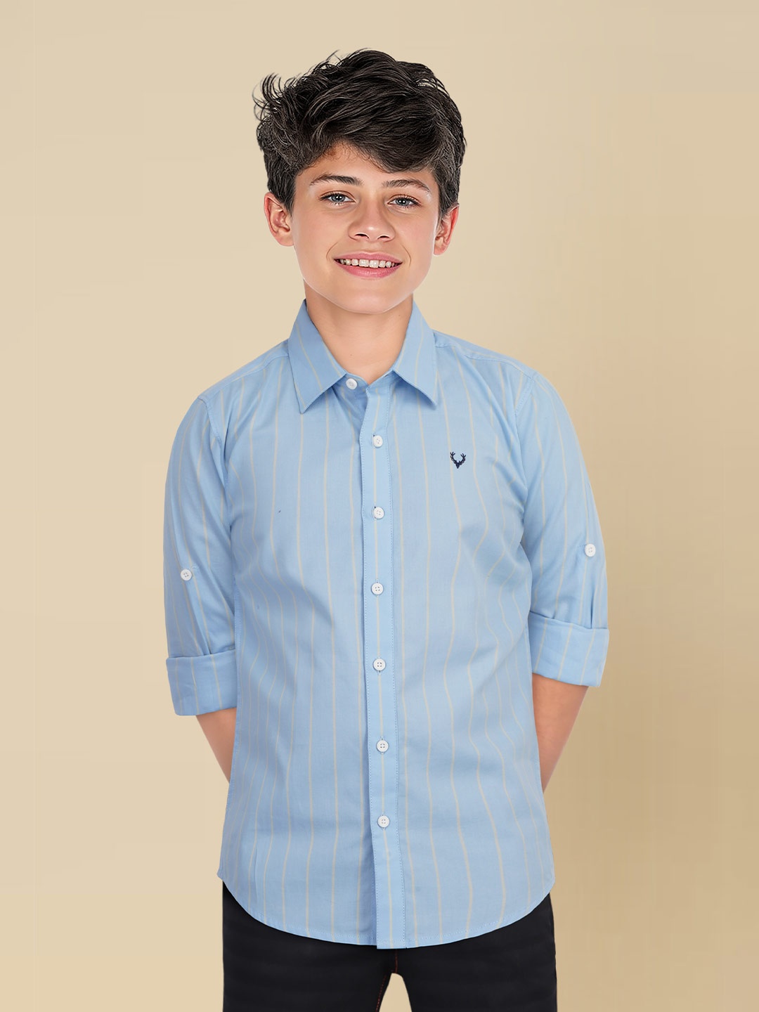 

Allen Solly Junior Boys Spread Collar Striped Cotton Slim Fit Casual Shirt, Blue