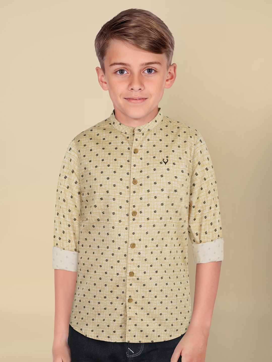 

Allen Solly Junior Boys Band Collar Micro Ditsy Printed Cotton Casual Shirt, Beige