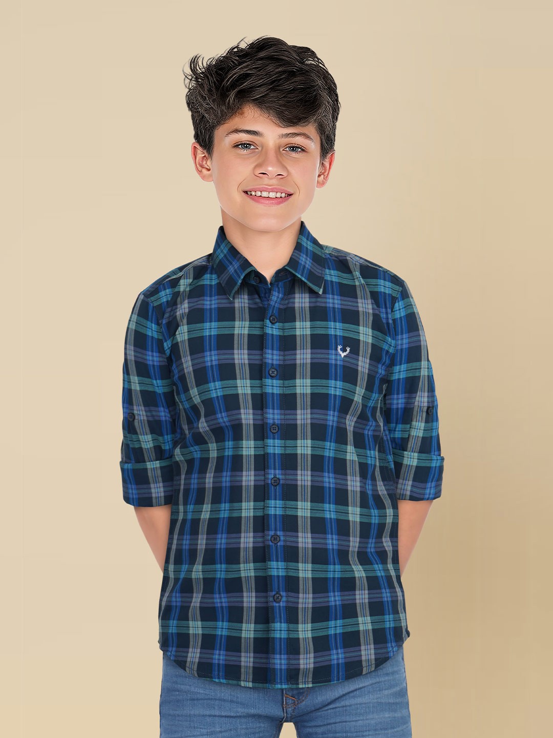 

Allen Solly Junior Boys Spread Collar Checked Cotton Slim Fit Casual Shirt, Navy blue