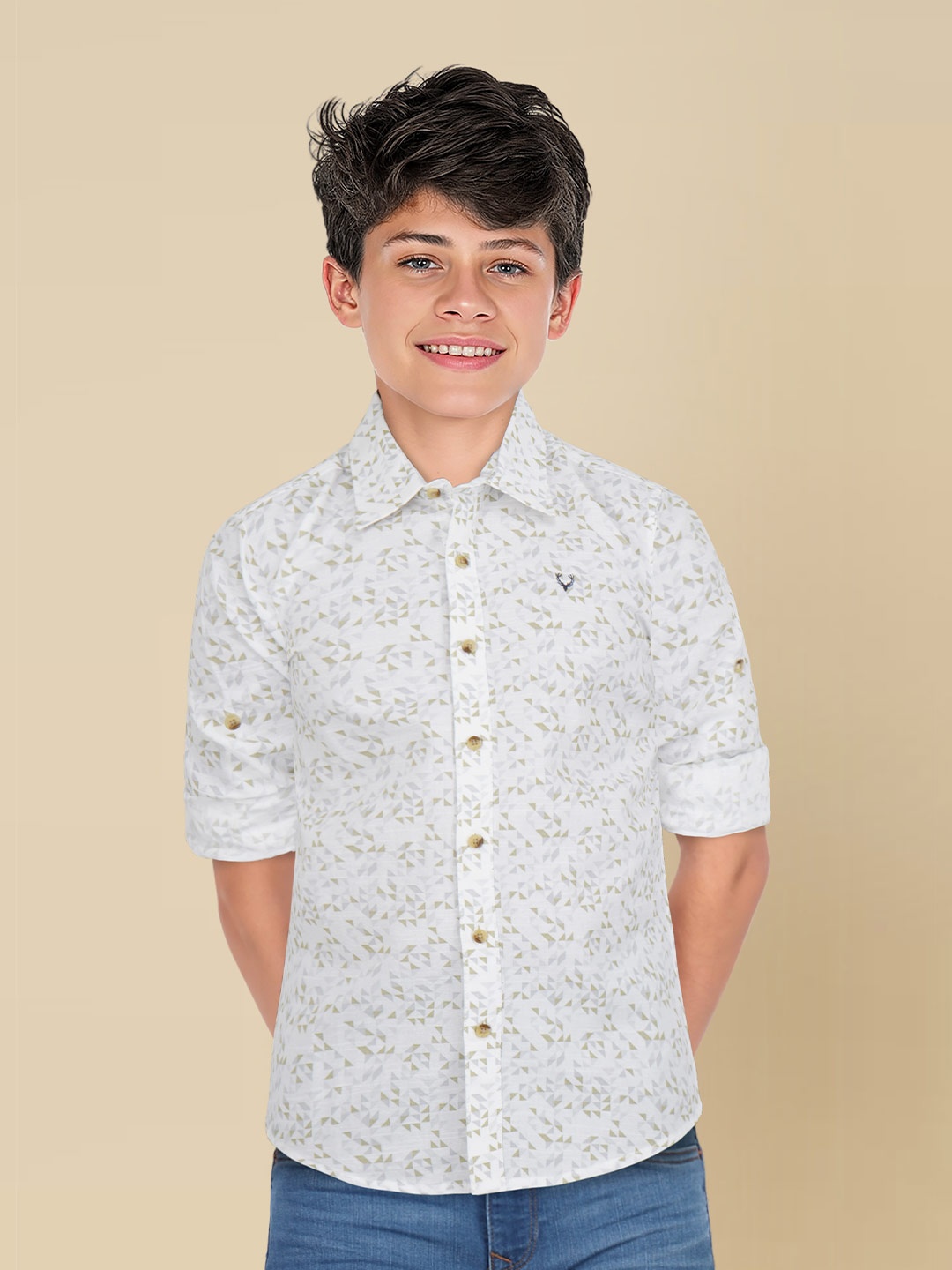 

Allen Solly Junior Boys Spread Collar Geometric Printed Cotton Slim Fit Casual Shirt, White