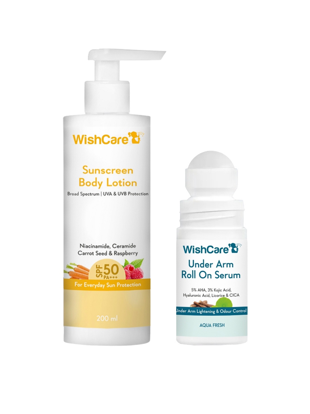 

WishCare SPF50 Niacinamide Sunscreen Body Lotion 200ml & Under Arm Roll On Serum 50ml, Yellow