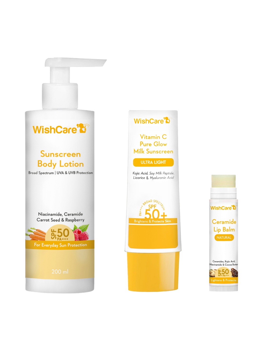 

WishCare SPF50 Niacinamide Body Sunscreen 200ml + Lip Balm 5g + Ultralight Sunscreen 50ml, Yellow