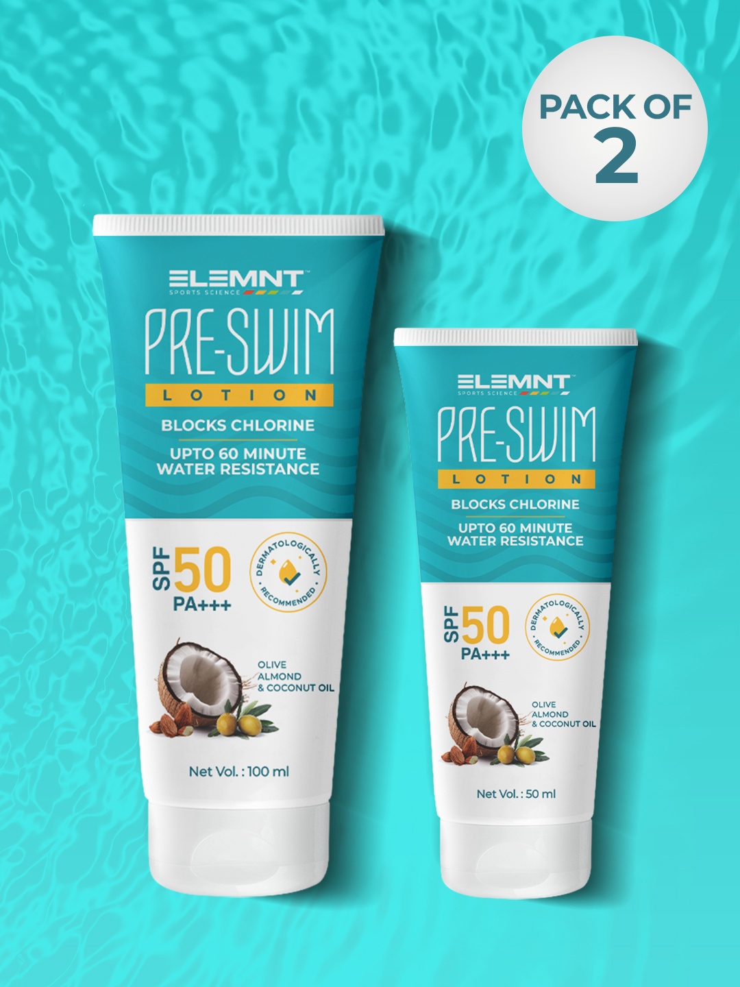 

Elemnt Sports Science Set of 2 Anti Microbial Pre Swim Lotion 100ml & 50ml, White