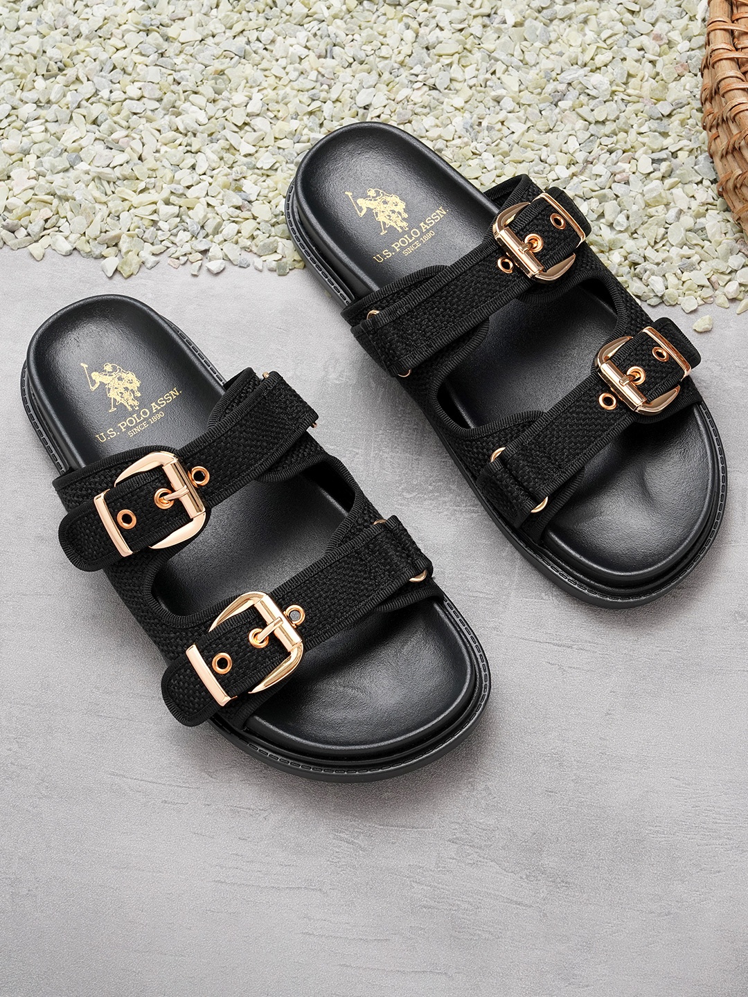 

U.S. Polo Assn. Women PU Open Toe Flats with Buckles MARCELLA, Black