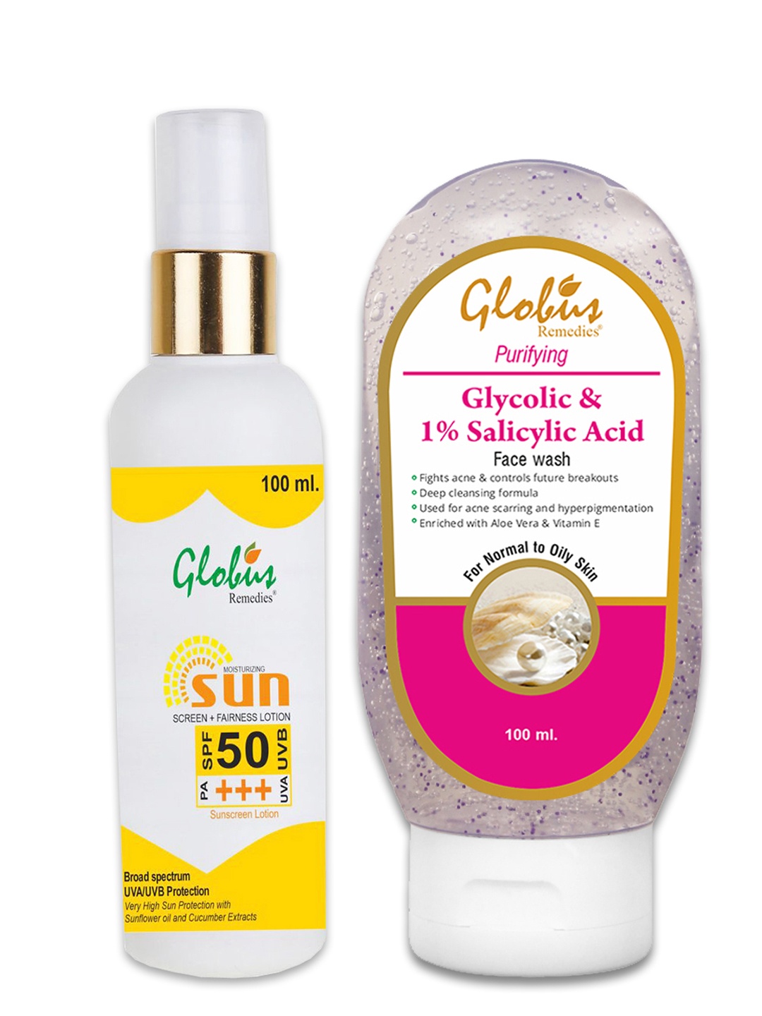 Globus naturals Sunscreen Lotion SPF 50 ++& Glycolic & 1% Salicylic Acid Face Wash, Off white