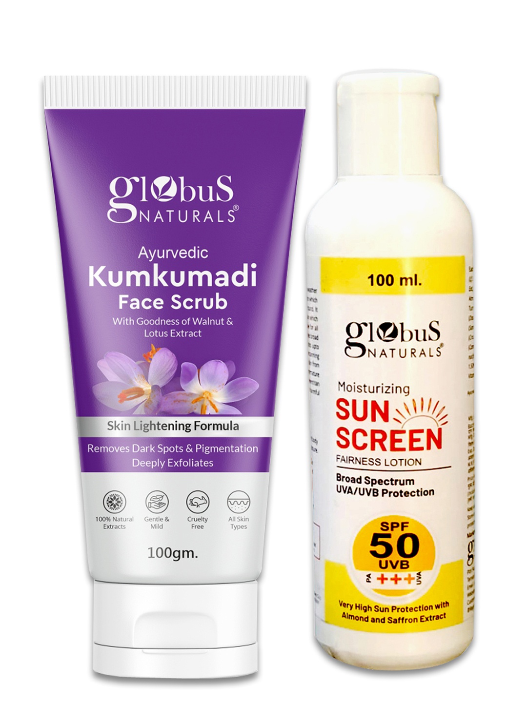 

Globus naturals Moisturizing Sunscreen Fairness Lotion 100ml & Kumkumadi Face Scrub - 100g, Off white