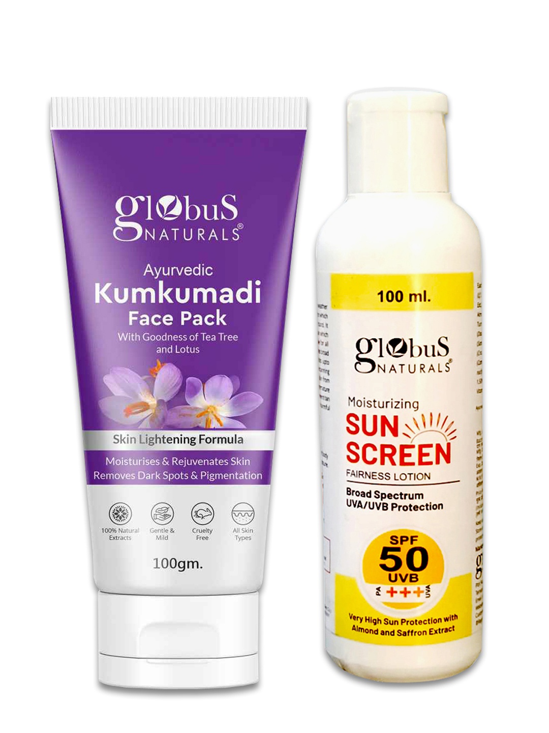 

Globus naturals 2-Pcs Sunscreen Lotion SPF 50++ 100 ml & Kumkumadi Face Pack 100gm Combo, Off white