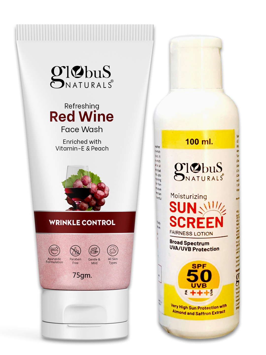 

Globus naturals Summer Sizzle Sunscreen Lotion SPF 50++ 100 ml & Red Wine Face Wash 75 gm, Off white