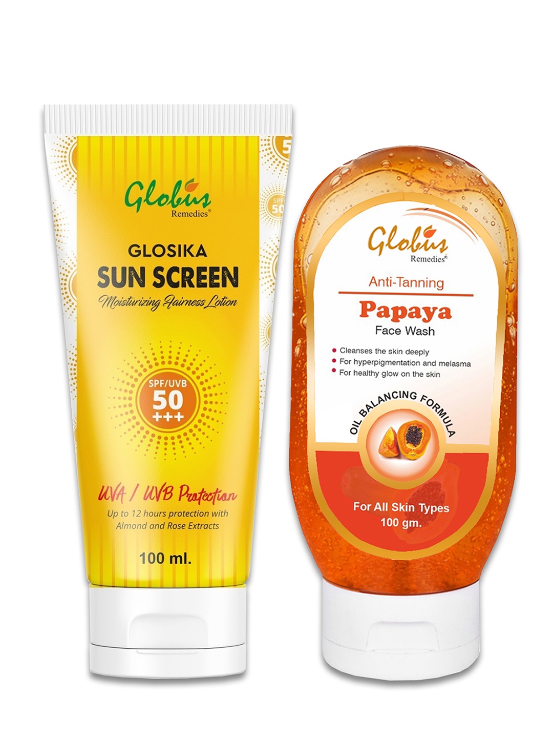 

Globus naturals Summer Sizzle Glosika Sunscreen Lotion SPF & Papaya Face Wash-100ml Each, Off white