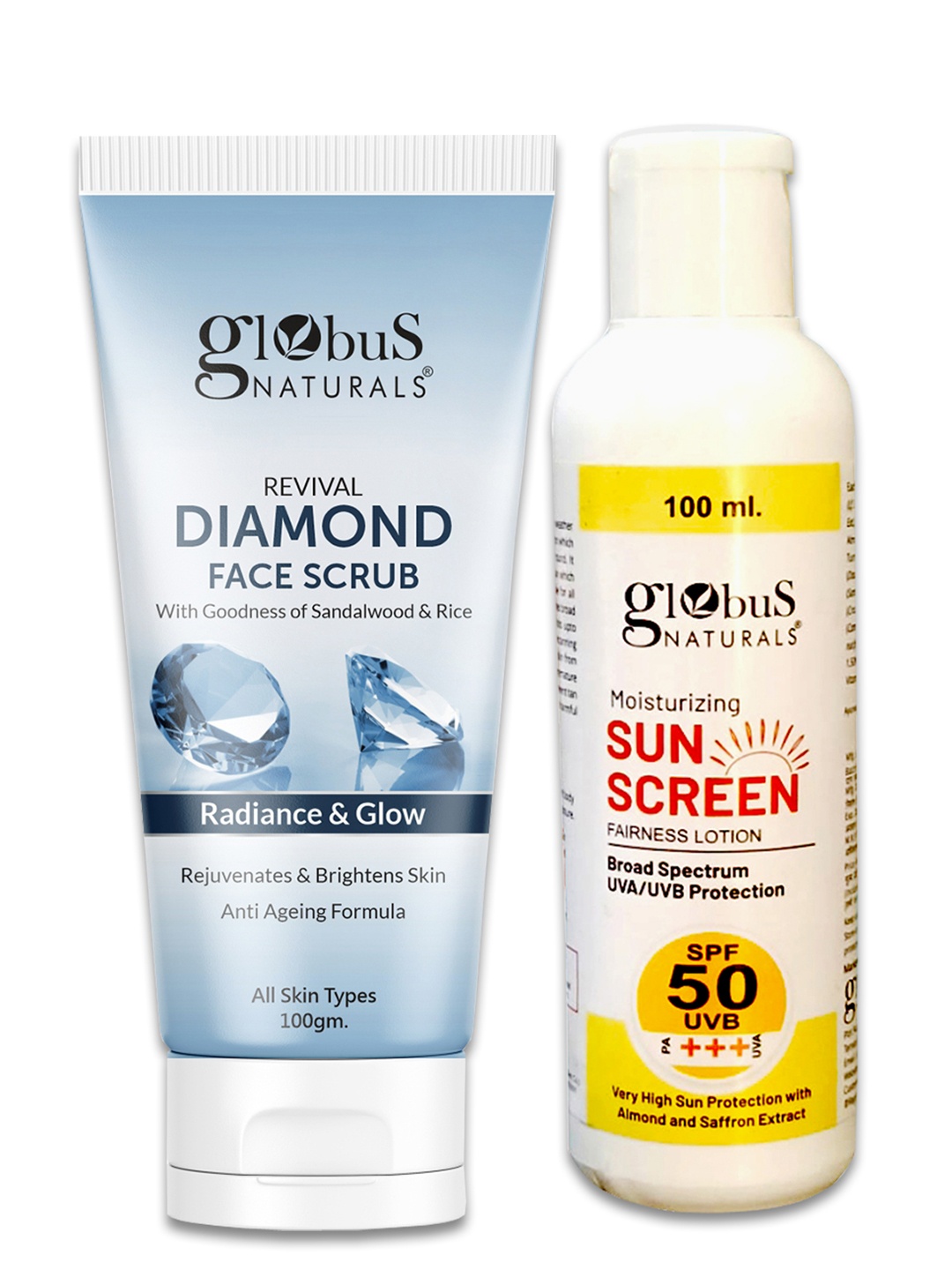 

Globus naturals Summer Sizzle Sunscreen Lotion SPF 50++ & Diamond Face Scrub-100g Each, Off white