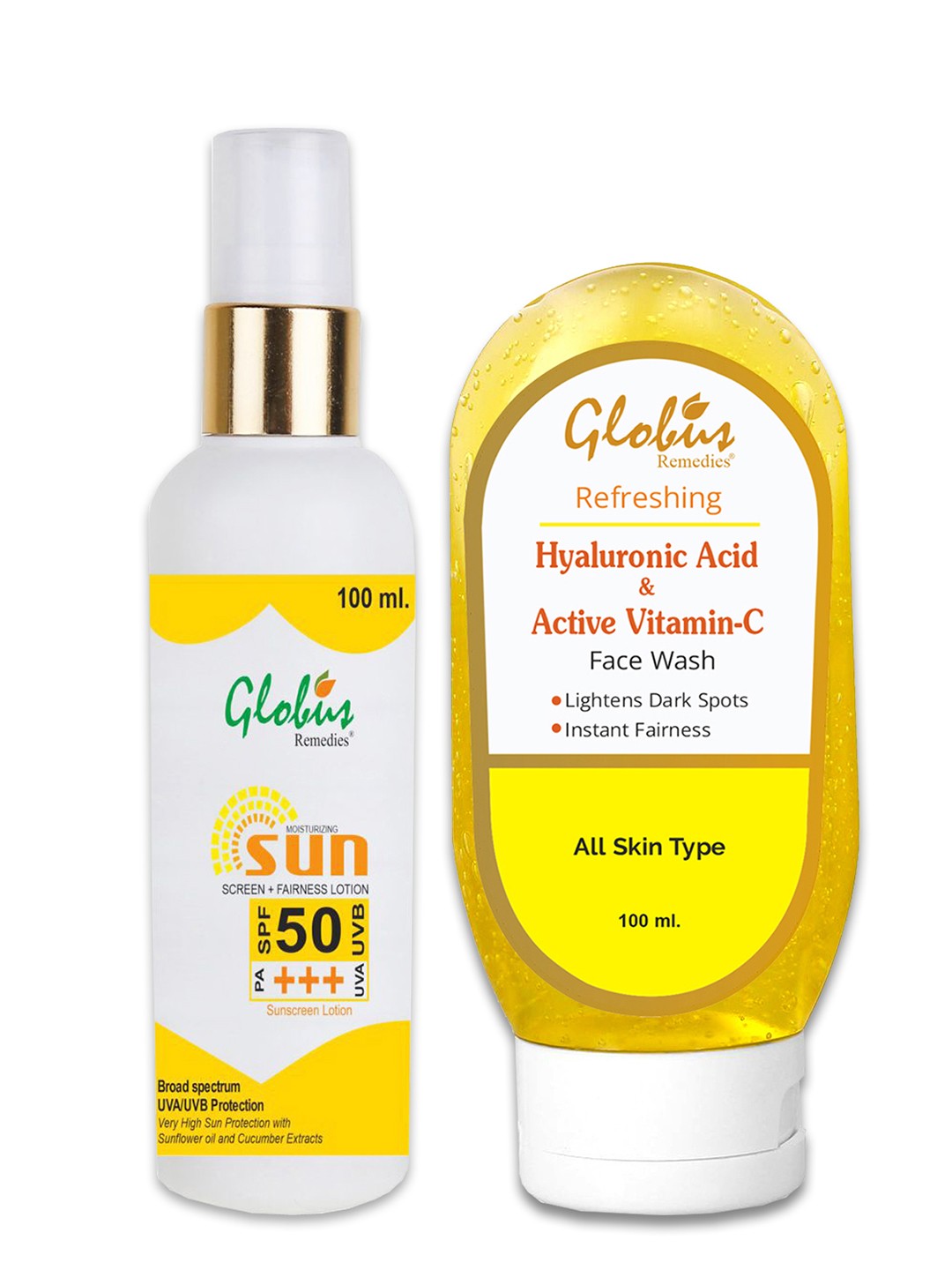 

Globus naturals Sunscreen Lotion SPF 50++ 100 ml & Vitamin C & Hyaluronic Acid Face Wash, Off white